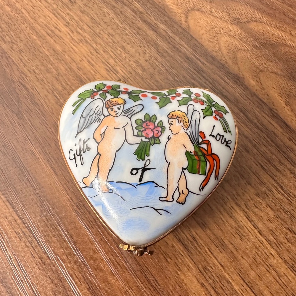 Limoges France Hand Painted Heart Trinket Box Gift of Love Cherub Angel Porcelai